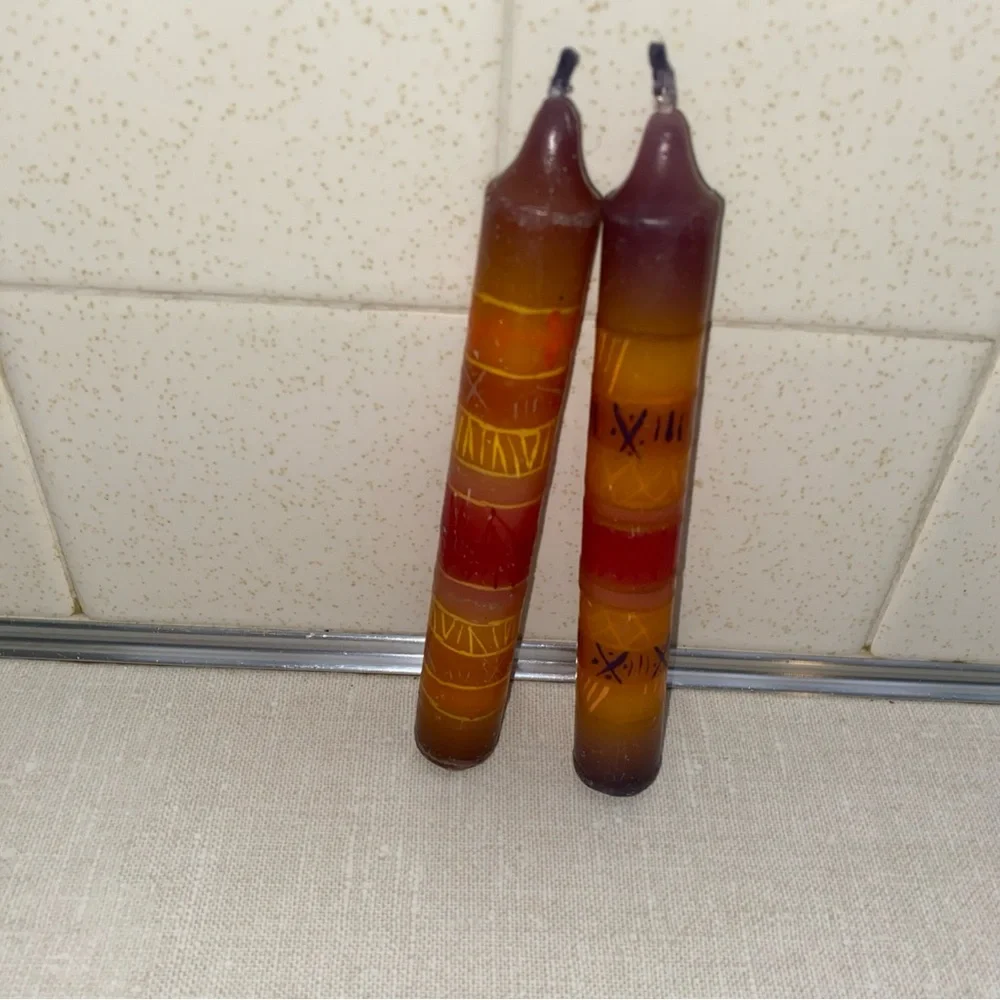 Vintage‎ Boho Painted Candles Tapered Multi Colored Set Of 2 Never Used Unlit